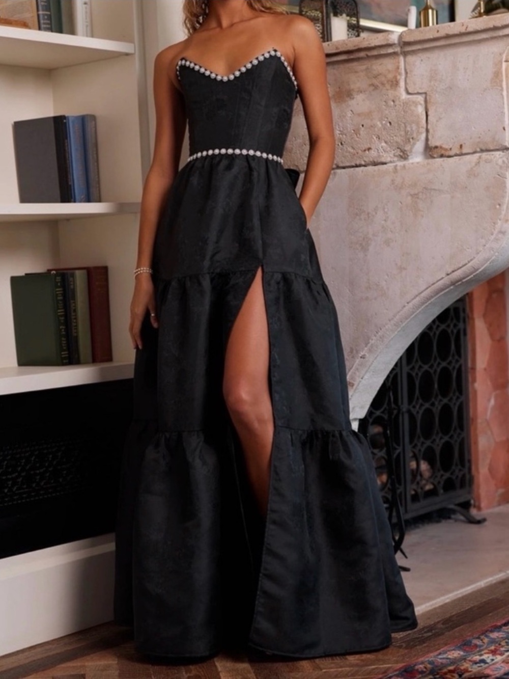 V. Chapman Black Strapless Pearl-Trim Evening Gown